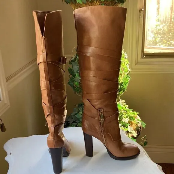 Michael Michael Kors Greenwich Belted Knee High Tan Wrapped Leather Boots Sz 5.5 - Picture 2 of 16